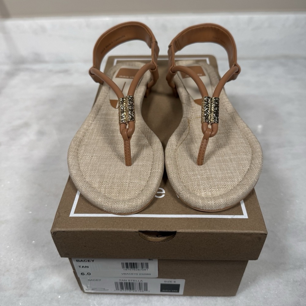 Dolce Vita Tan Leather Thong Slip-On Sandals Metallic Comfort Straps US 6